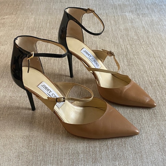 Jimmy Choo Leather Typhoon D’Orsay Pumps Heels Black Nude Pointed-Toe Size 7.5 - Picture 2 of 16